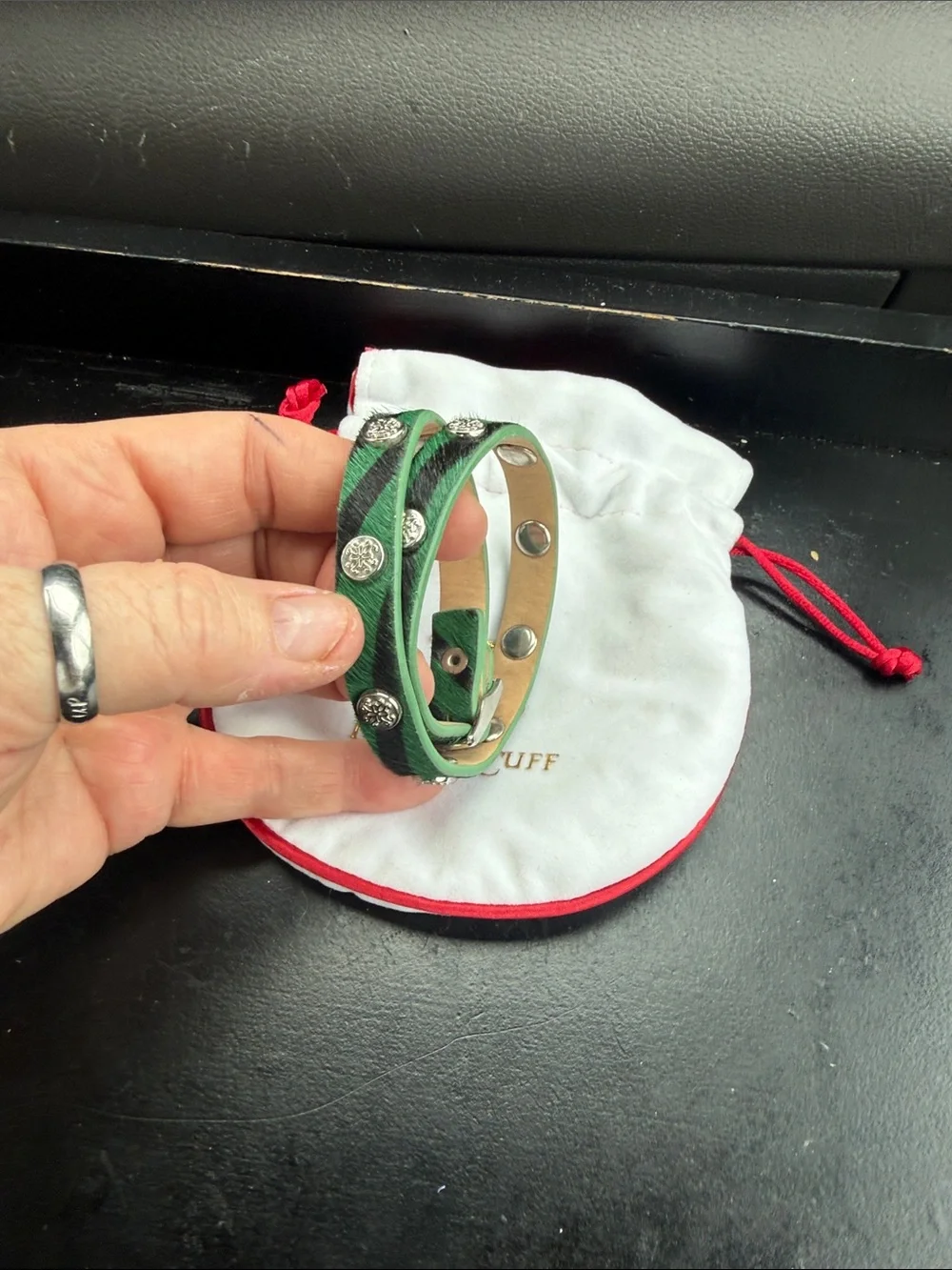 Rustic Cuff  Green Double Wrap Leather Bracelet with Silver Accents